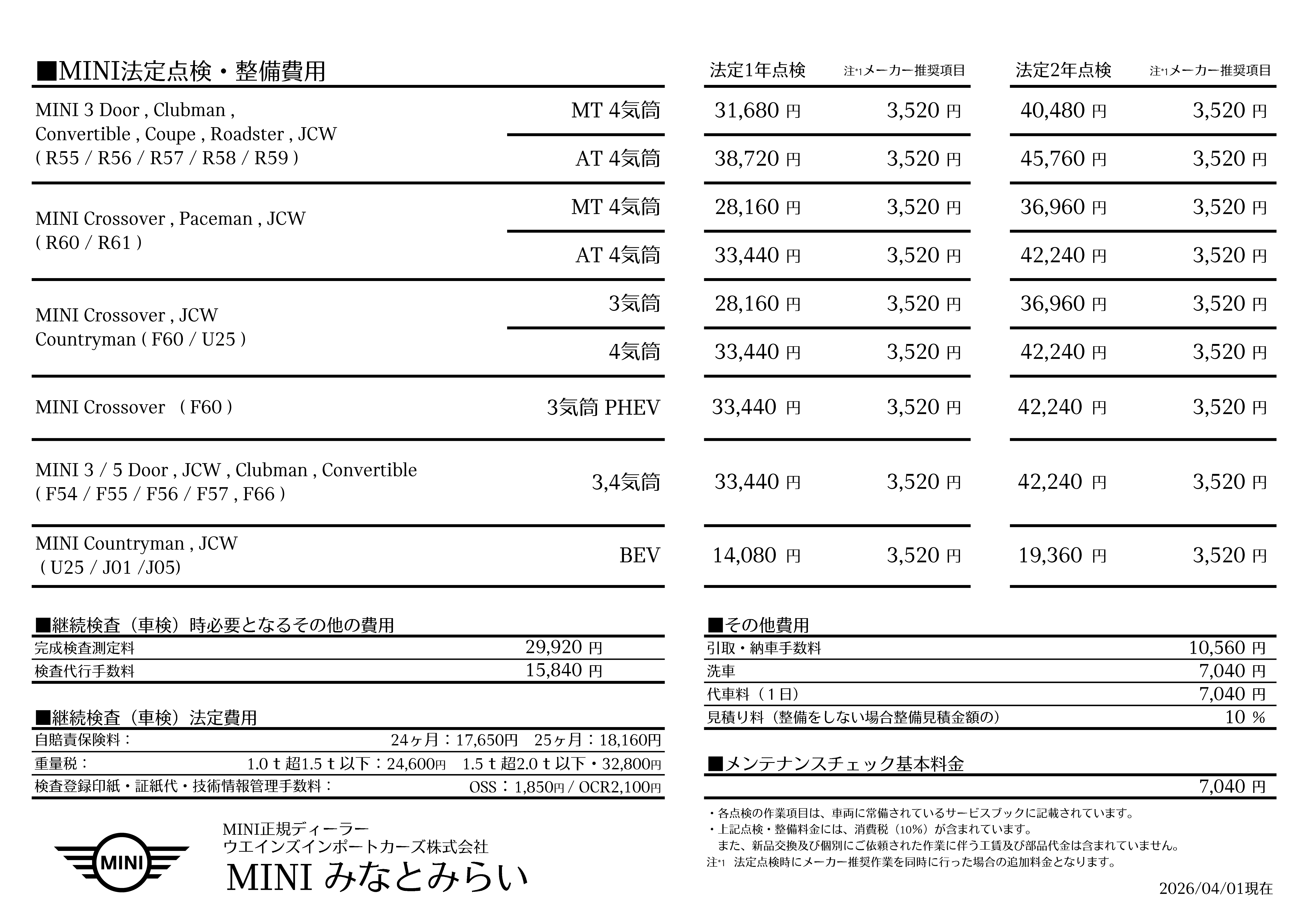 点検整備料金表 | MINI みなとみらい / MINI NEXT みなとみらい